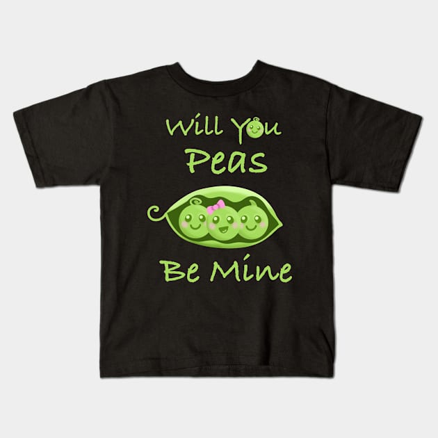 Peas Be Mine Cute Kawaii Food Pun Valentine’s Day Funny Kids T-Shirt by ksrogersdesigns